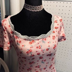 Pink Floral Lace-Trim Square Neck Top